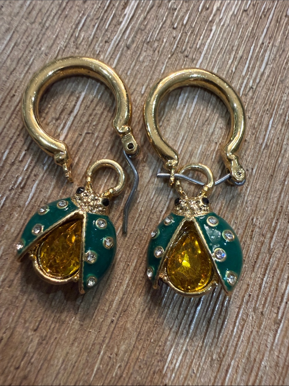 Gold-Tone Green Enamel & Yellow Crystal Ladybug Hoop Earrings
